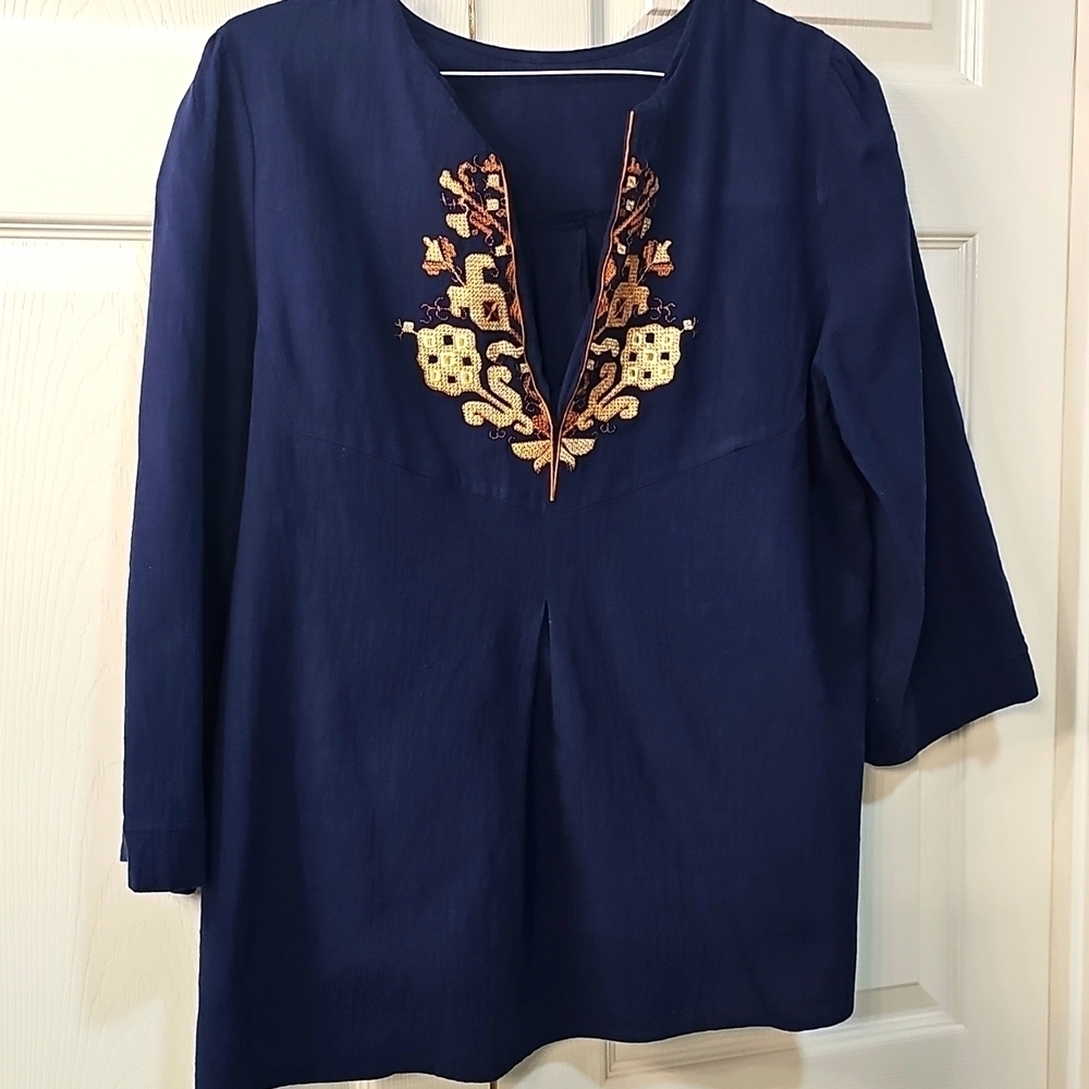 Aleumdr V neck Boho Embroidered Navy Ruffle Sleeve Ethnic Style XL - Picture 3 of 11